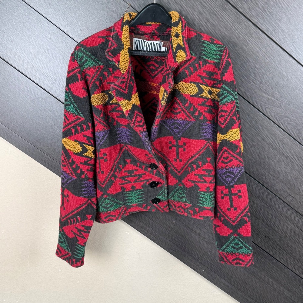Silverado Women's Vintage 90s Southwestern Cropped Knit Jacket Medium Red Black